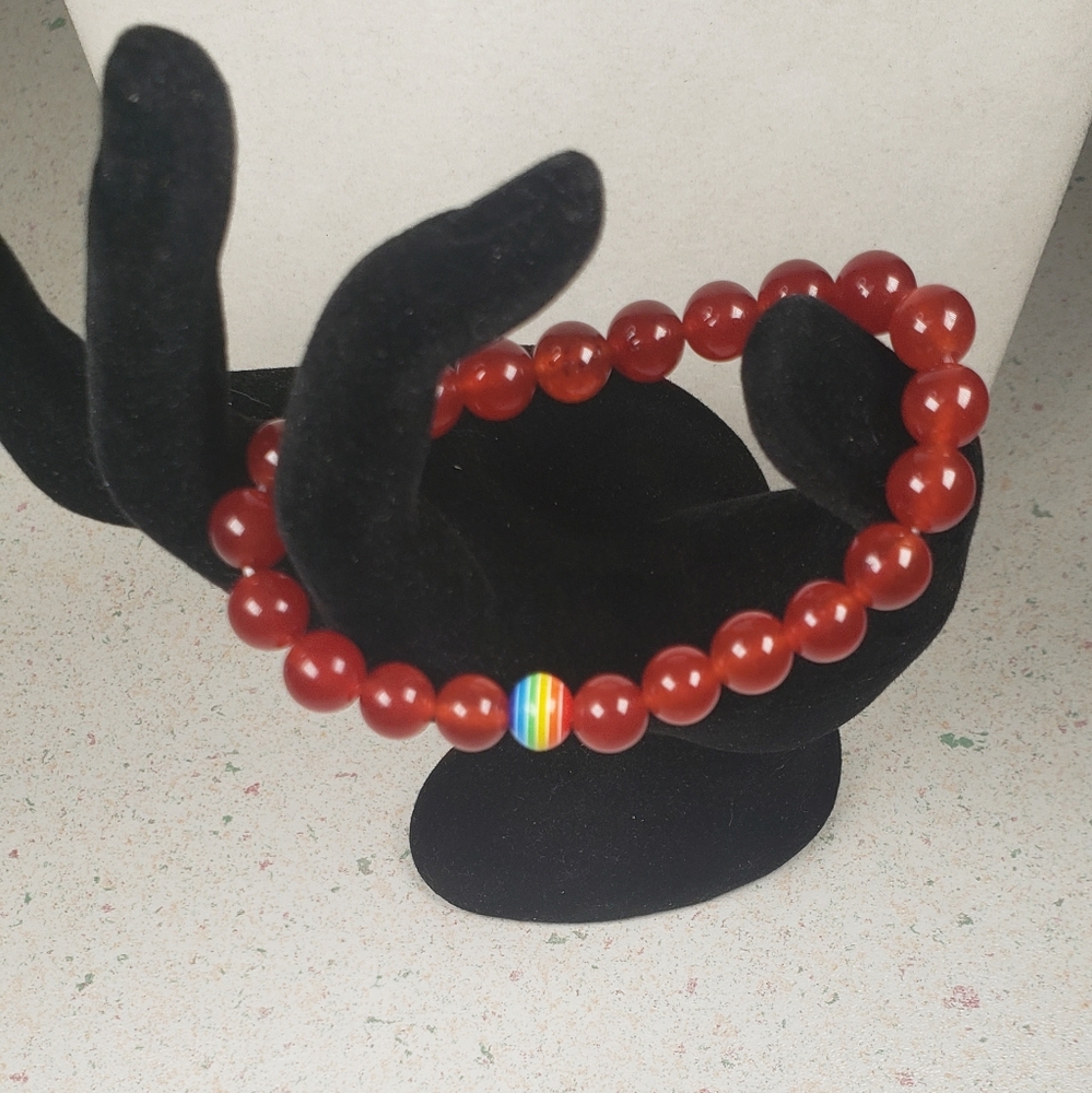 Red Agate Crystal Gemstone Round Beads Stretch Bracelet with One Rainbow …